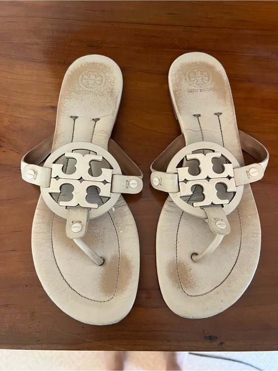 Tory Burch Shoes - Tory Burch Cream Leather Miller Logo Thong Sandals- size 9